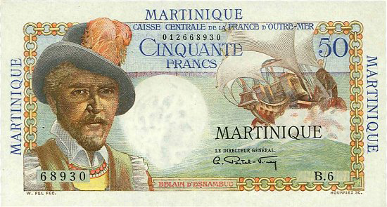 Pierre Belain d’Esnambuc - William Fel (? - 1957) - Billet de 50 francs de la Caisse Centrale de la France d’Outre-Mer - Banque de la Martinique - Billet émis en 1946 (c)DR.