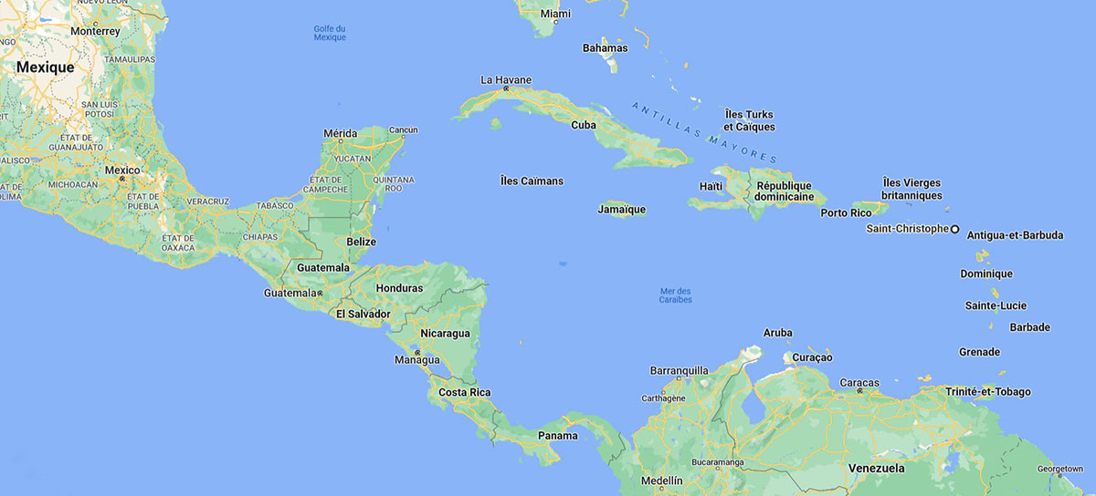 Carte actuelle de la mer des Caraïbes - Google Map (c)DR
