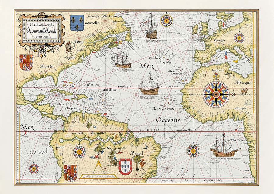 Carte du Nouveau monde - 1492-1620 - Exploration de l'Amérique par les navigateurs de la Renaissance (c)Éditions Daniel Derveaux
