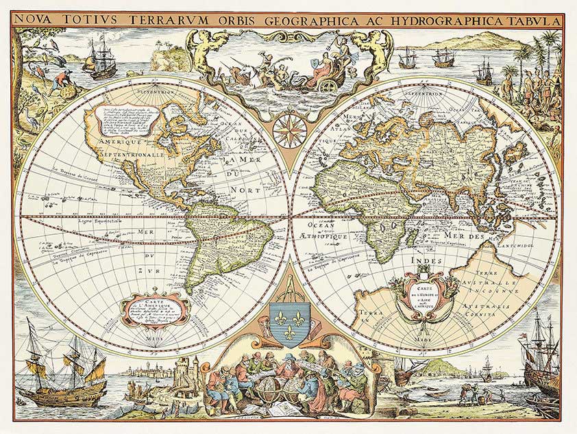 Mappemonde marine du monde en 1643 - inspirée d'une mappemonde ancienne du graveur Melchior Tavernier (1594-1665) (c)Éditions Daniel Derveaux