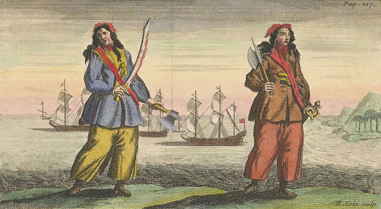 Ann Bonny et Mary Read - 1724 - gravure - Benjamin Cole (1695-1766), géomètre, cartographe, relieur, graveur et fabricant d'instruments anglais. Anne Bonny et Mary Read font partie des femmes pirates les plus célèbres (c)Domaine Public
