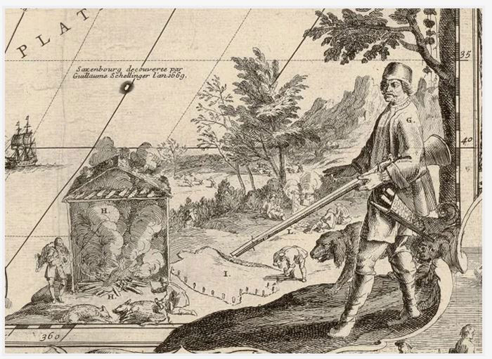 Boucanier représenté dans la carte "L’Amérique de 1698" - gravure - Nicolas De Fer (1647-1720), graveur, géographe, titré géographe du Roi et actif de 1687 à 1720 - Bibliothèque Nationale de France (c)Domaine Public